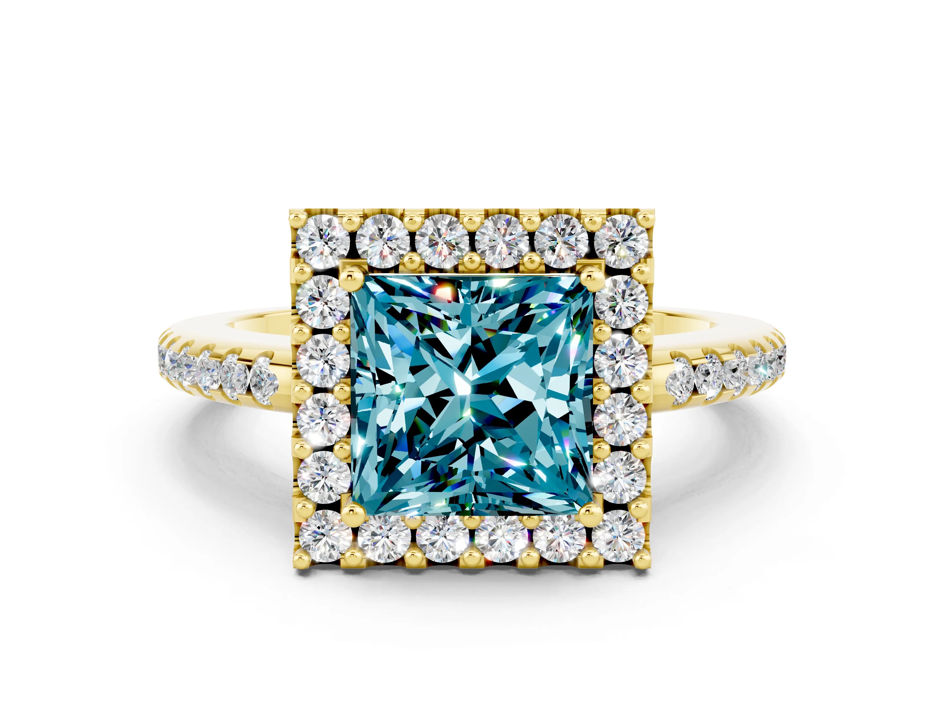 Yellow gold Princess Cut Blue Topaz Pavé Halo Ring with Four-Prong Setting_12