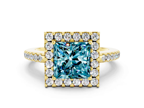 Yellow gold Princess Cut Blue Topaz Pavé Halo Ring with Four-Prong Setting