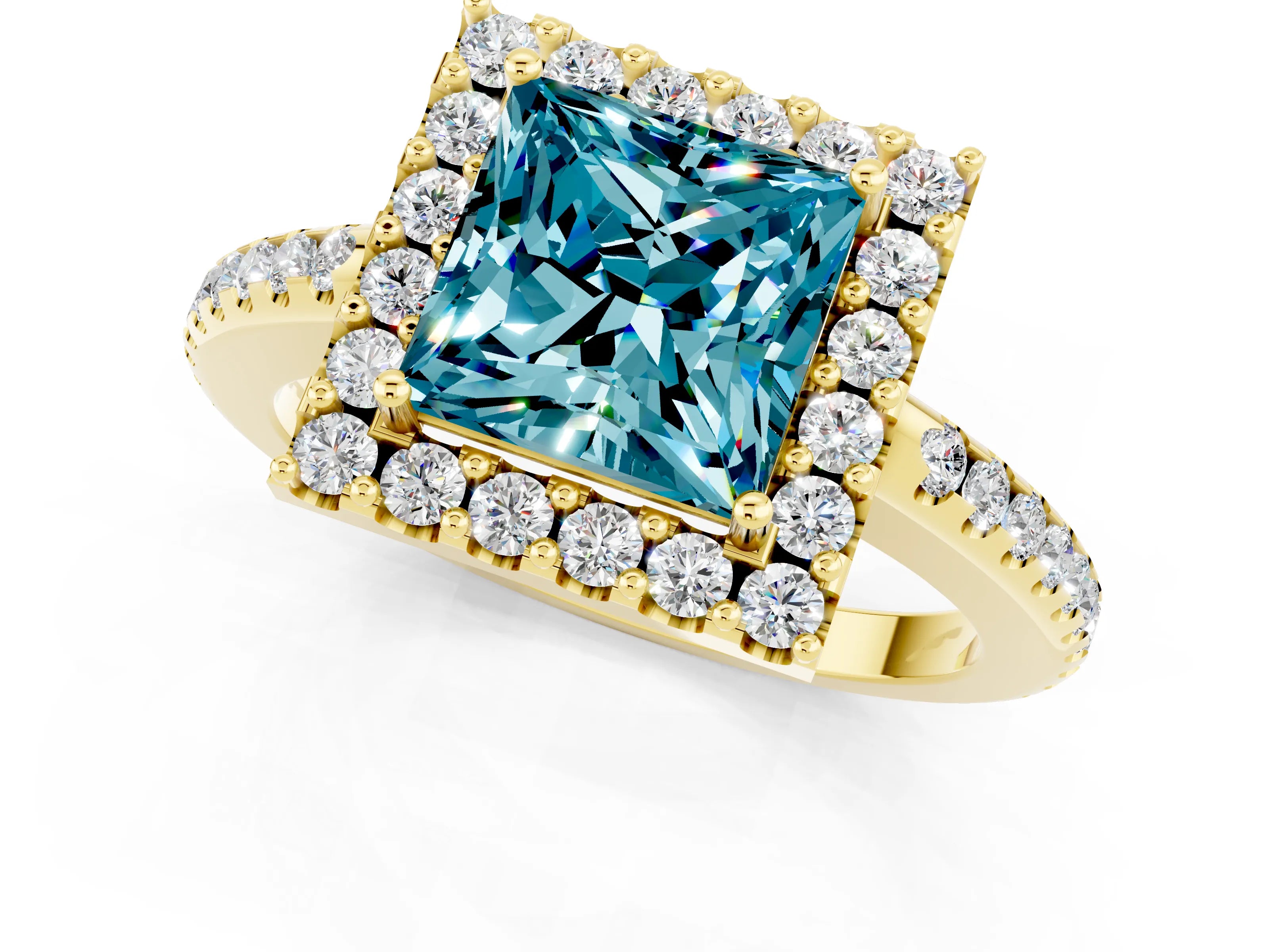 Yellow gold Princess Cut Blue Topaz Pavé Halo Ring with Four-Prong Setting_13