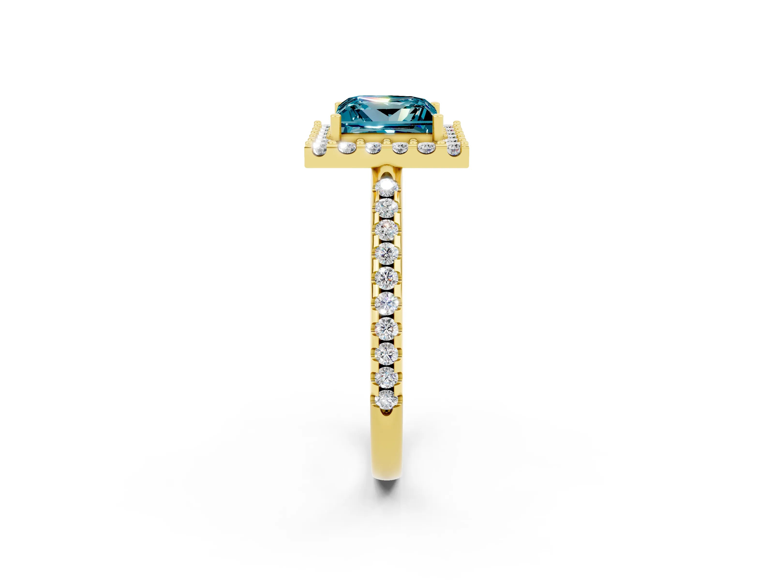 Yellow gold Princess Cut Blue Topaz Pavé Halo Ring with Four-Prong Setting_14