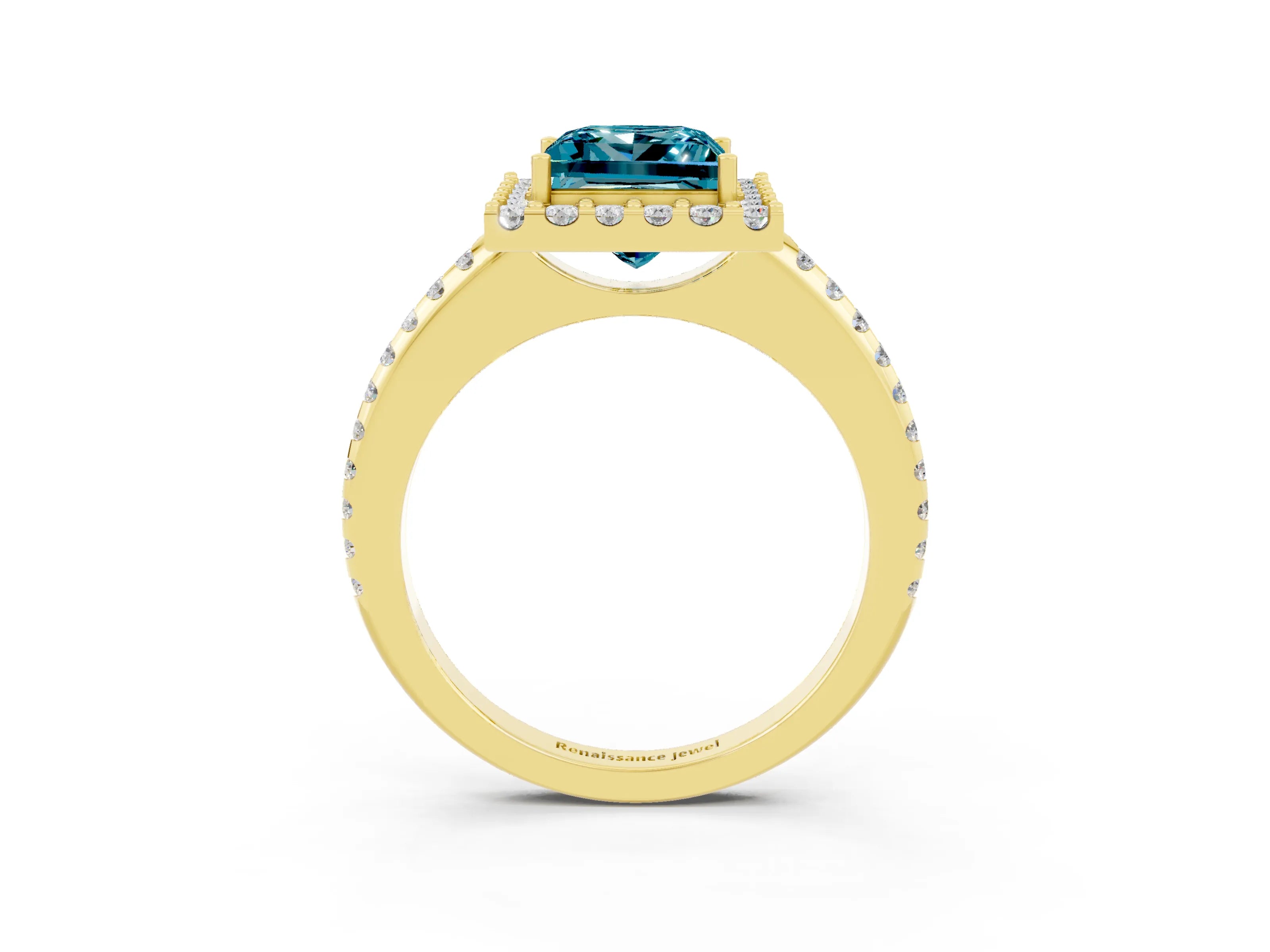 Yellow gold Princess Cut Blue Topaz Pavé Halo Ring with Four-Prong Setting_15