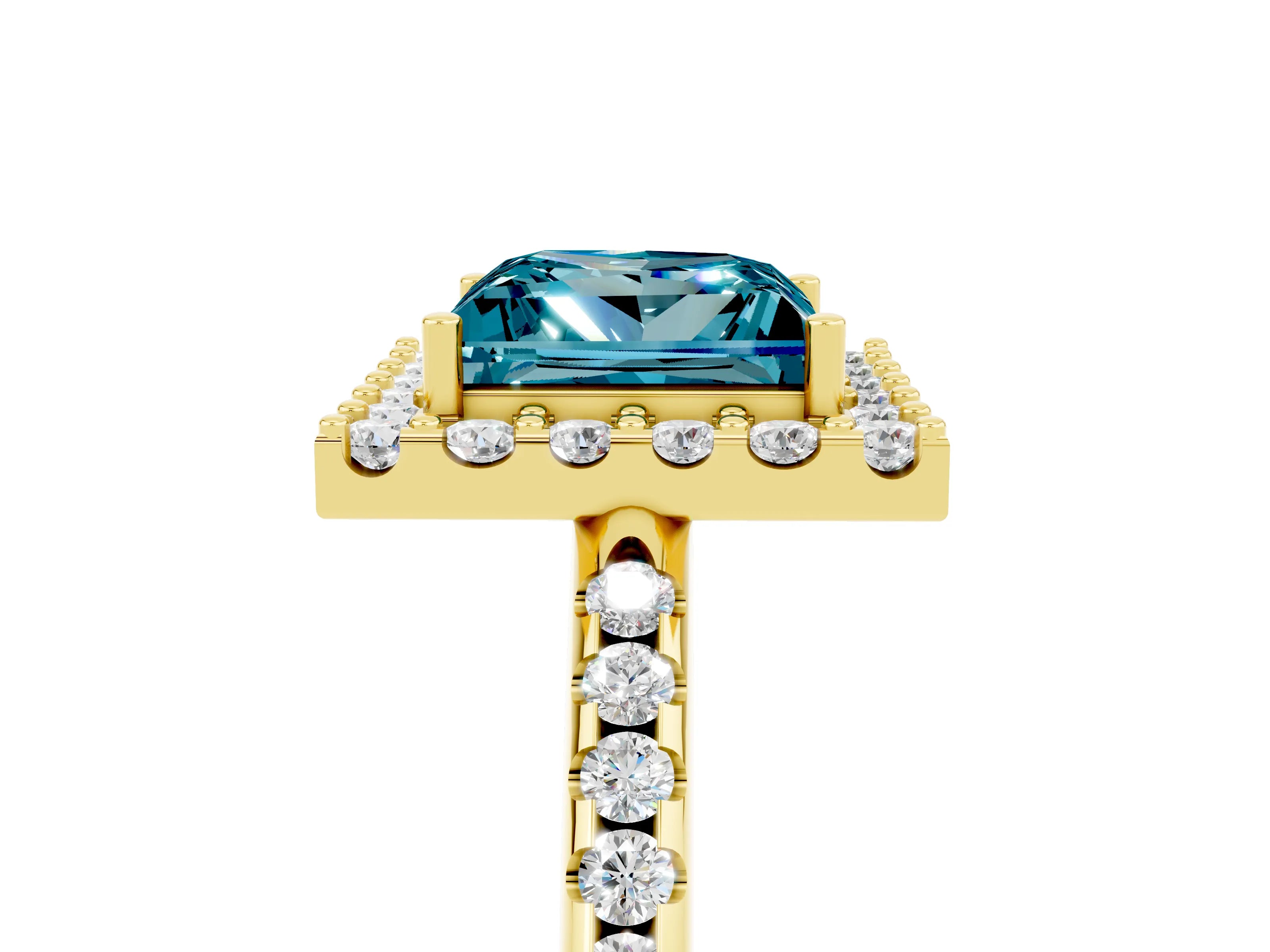Yellow gold Princess Cut Blue Topaz Pavé Halo Ring with Four-Prong Setting_17