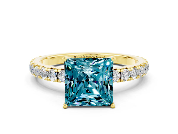 Yellow gold Princess Cut Blue Topaz Pavé Solitaire Engagement Ring with Four-Prong Setting