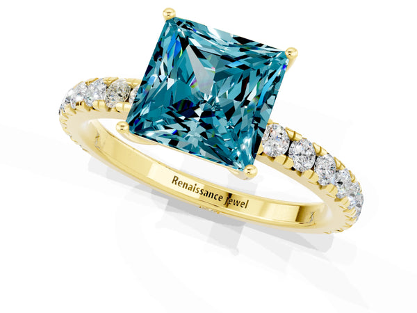 Yellow gold Princess Cut Blue Topaz Pavé Solitaire Engagement Ring with Four-Prong Setting