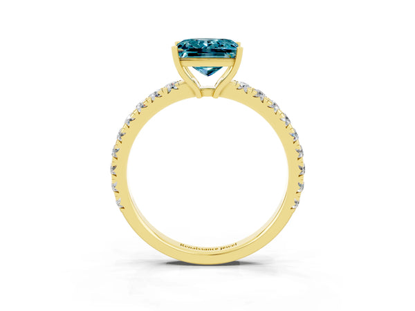 Yellow gold Princess Cut Blue Topaz Pavé Solitaire Engagement Ring with Four-Prong Setting
