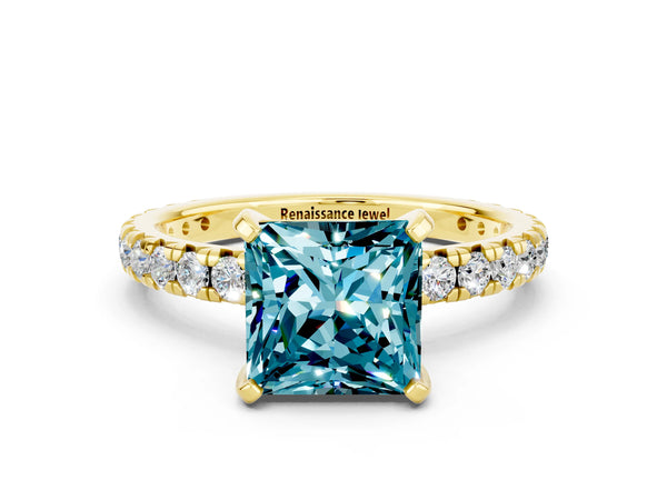 Yellow gold Princess Cut Blue Topaz Pavé Solitaire Ring with Round Band and Prong Setting