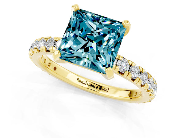 Yellow gold Princess Cut Blue Topaz Pavé Solitaire Ring with Round Band and Prong Setting