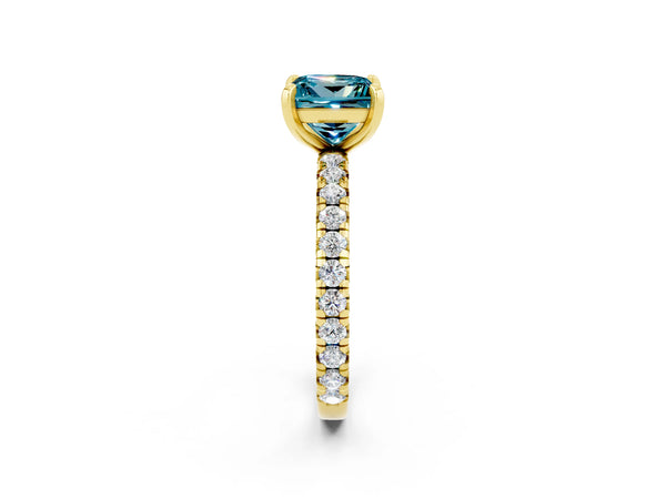 Yellow gold Princess Cut Blue Topaz Pavé Solitaire Ring with Round Band and Prong Setting