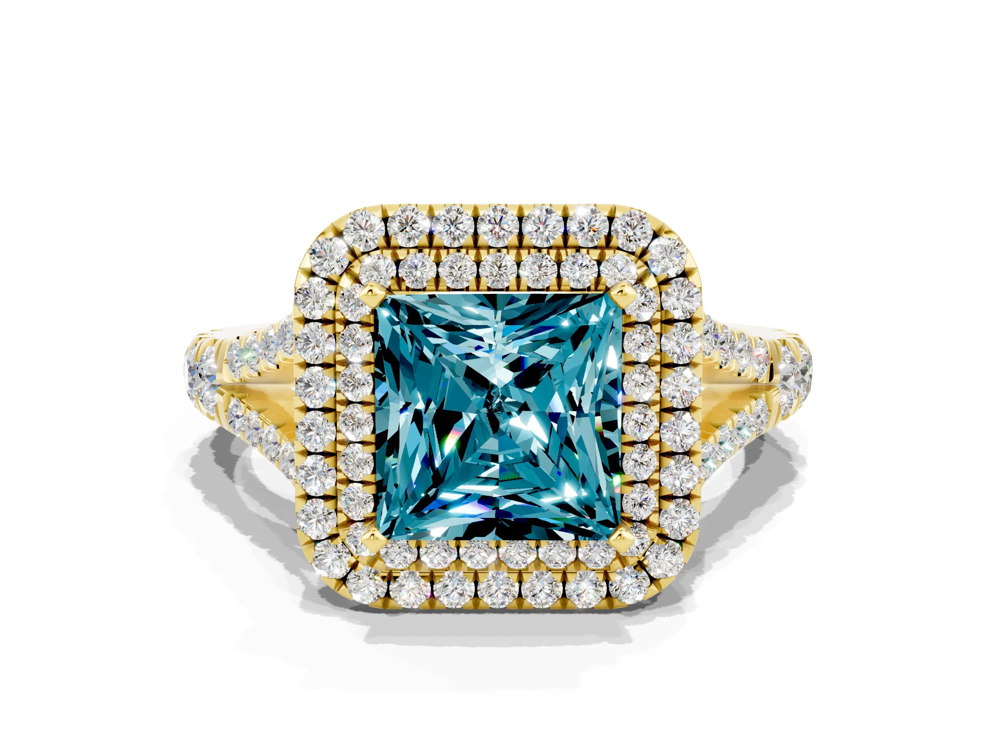 Yellow gold Princess Cut Blue Topaz Pavé Split Shank Double Halo Engagement Ring