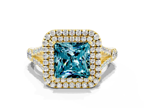 Yellow gold Princess Cut Blue Topaz Pavé Split Shank Double Halo Engagement Ring