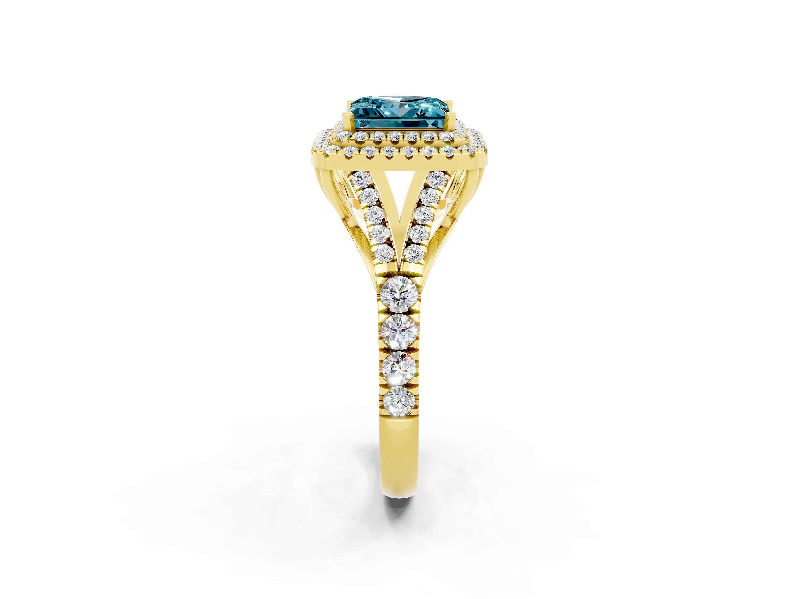 Yellow gold Princess Cut Blue Topaz Pavé Split Shank Double Halo Engagement Ring_2