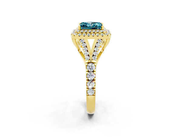 Yellow gold Princess Cut Blue Topaz Pavé Split Shank Double Halo Engagement Ring