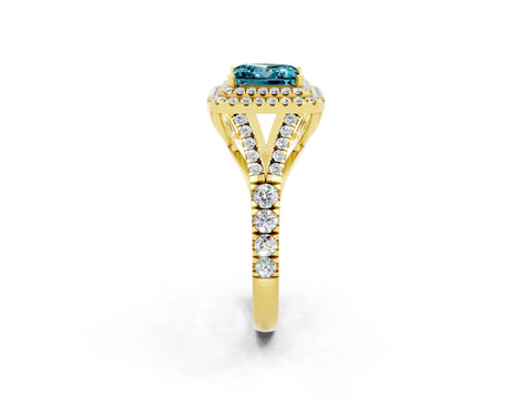 Yellow gold Princess Cut Blue Topaz Pavé Split Shank Double Halo Engagement Ring_2