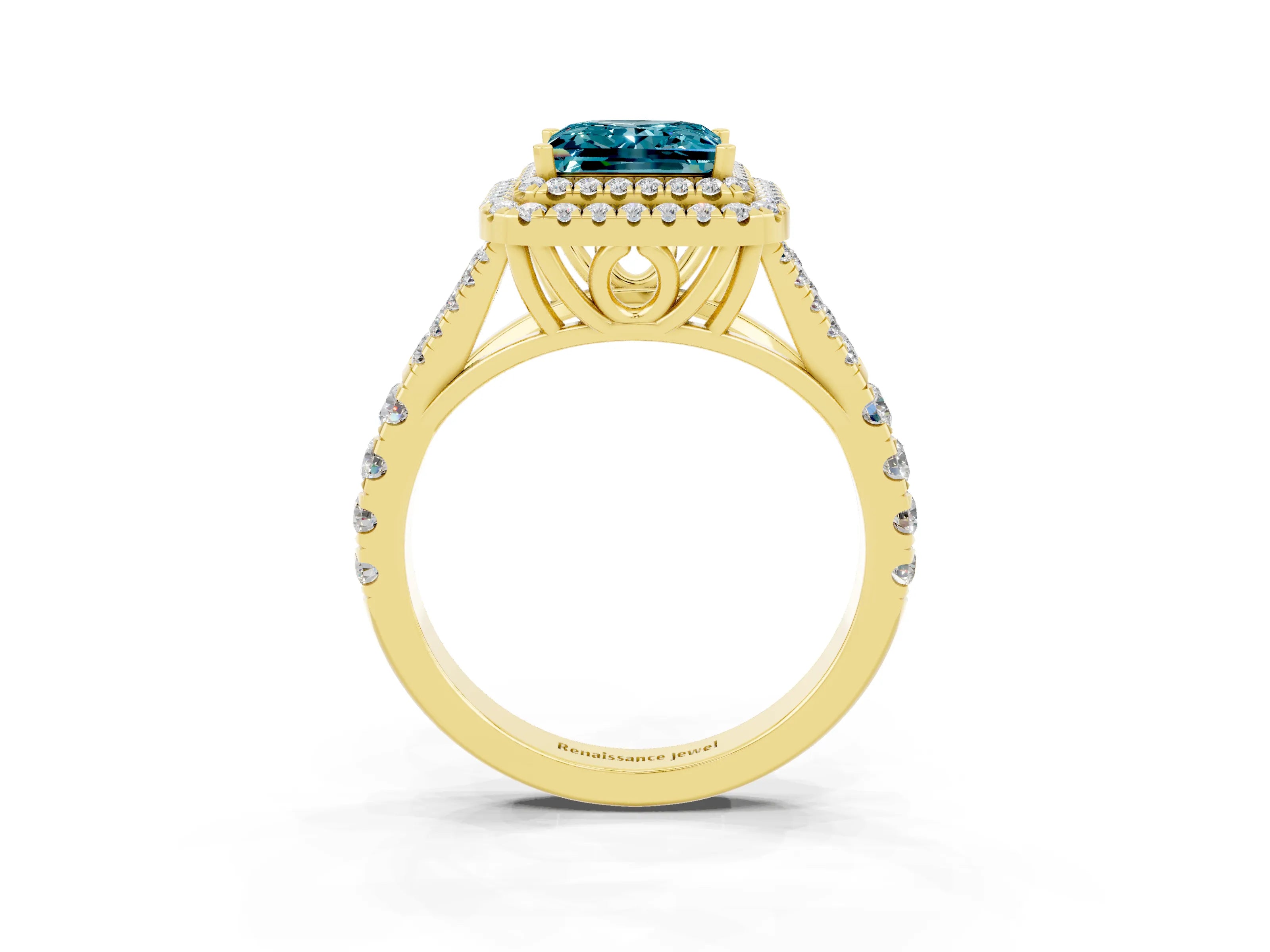 Yellow gold Princess Cut Blue Topaz Pavé Split Shank Double Halo Engagement Ring_3