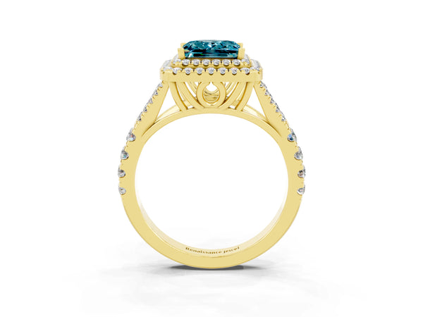 Yellow gold Princess Cut Blue Topaz Pavé Split Shank Double Halo Engagement Ring