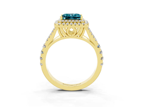 Yellow gold Princess Cut Blue Topaz Pavé Split Shank Double Halo Engagement Ring_3