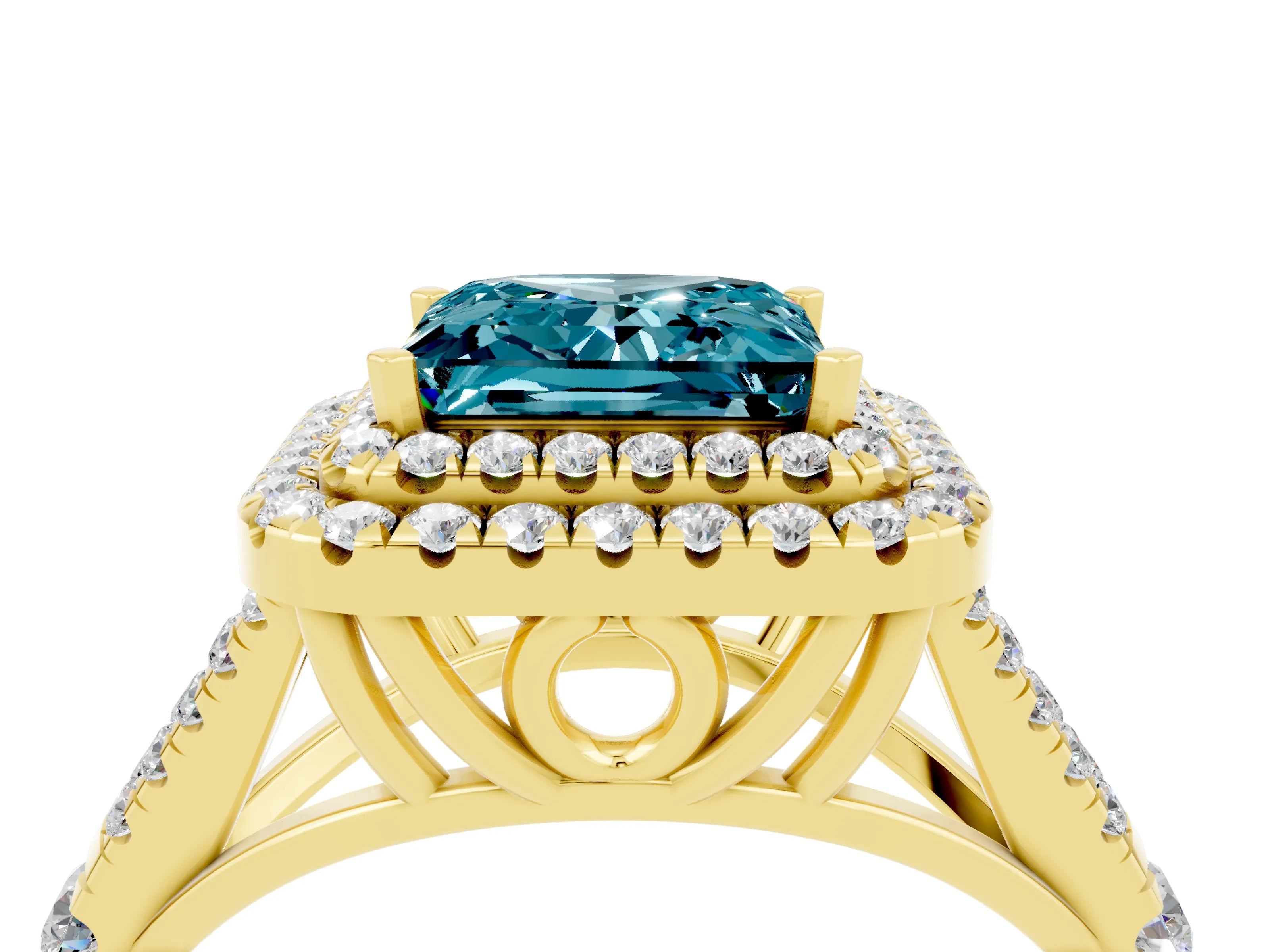 Yellow gold Princess Cut Blue Topaz Pavé Split Shank Double Halo Engagement Ring_4