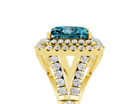 Yellow gold Princess Cut Blue Topaz Pavé Split Shank Double Halo Engagement Ring_5