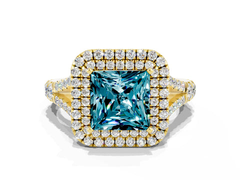 Yellow gold Princess Cut Blue Topaz Pavé Split Shank Double Halo Engagement Ring