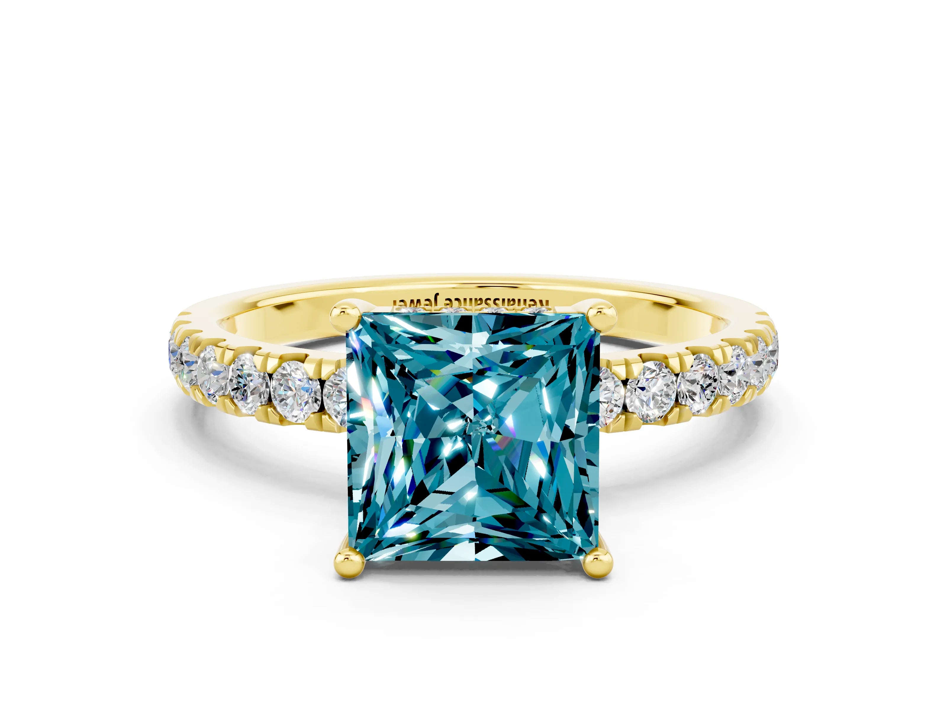 Yellow gold Princess Cut Blue Topaz Pave Band Solitaire Ring with Four-Prong Setting_24