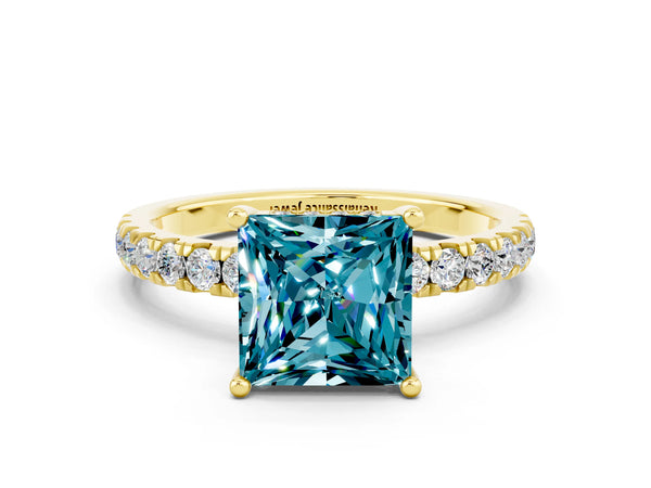 Yellow gold Princess Cut Blue Topaz Pave Band Solitaire Ring with Round  and Prong Setting