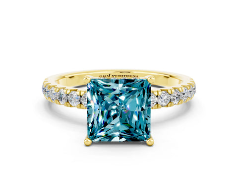 Yellow gold Princess Cut Blue Topaz Pave Band Solitaire Ring with Four-Prong Setting_24