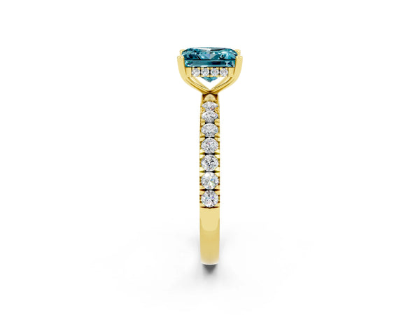 Yellow gold Princess Cut Blue Topaz Pave Band Solitaire Ring with Round  and Prong Setting