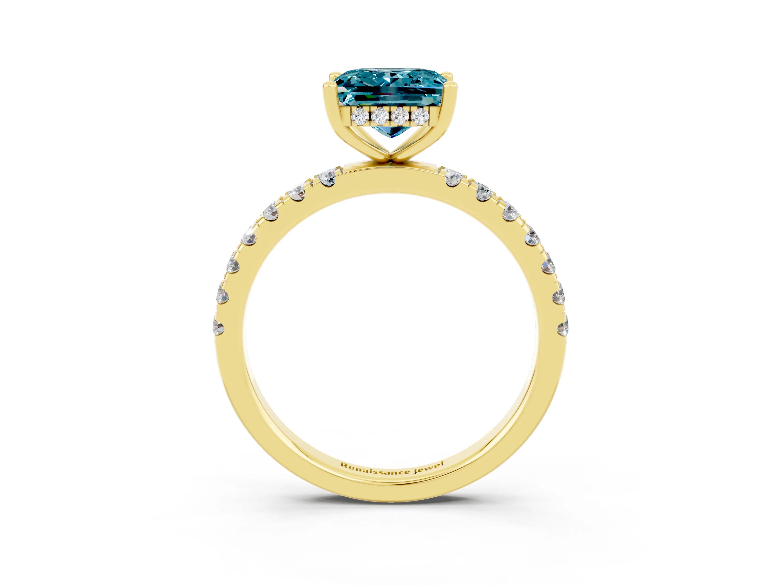 Yellow gold Princess Cut Blue Topaz Pave Band Solitaire Ring with Four-Prong Setting_27