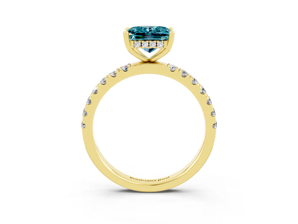 Yellow gold Princess Cut Blue Topaz Pave Band Solitaire Ring with Round  and Prong Setting