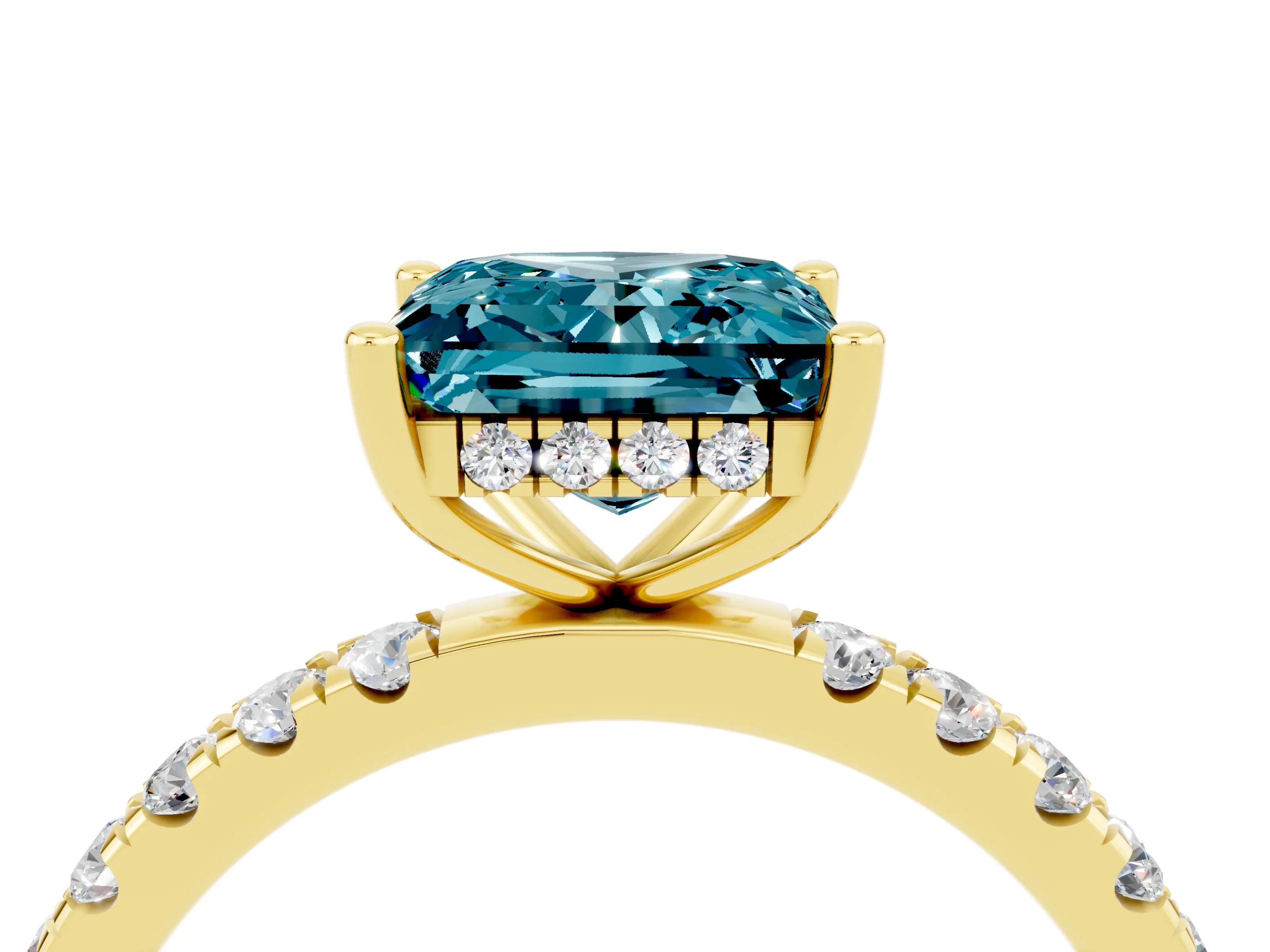 Yellow gold Princess Cut Blue Topaz Pave Band Solitaire Ring with Four-Prong Setting_28