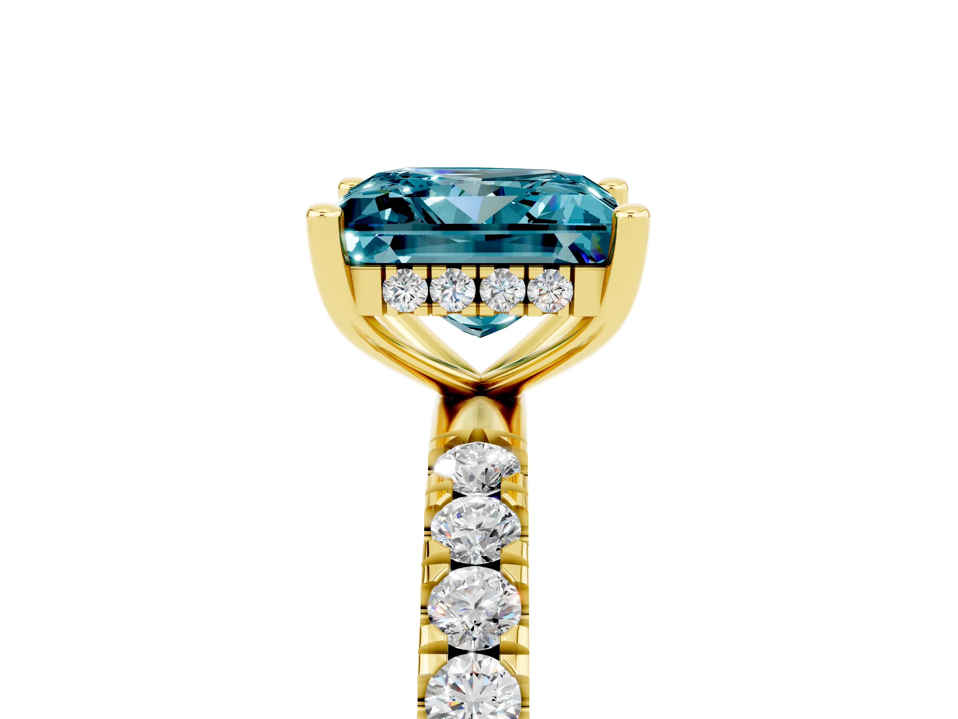 Yellow gold Princess Cut Blue Topaz Pave Band Solitaire Ring with Four-Prong Setting_29