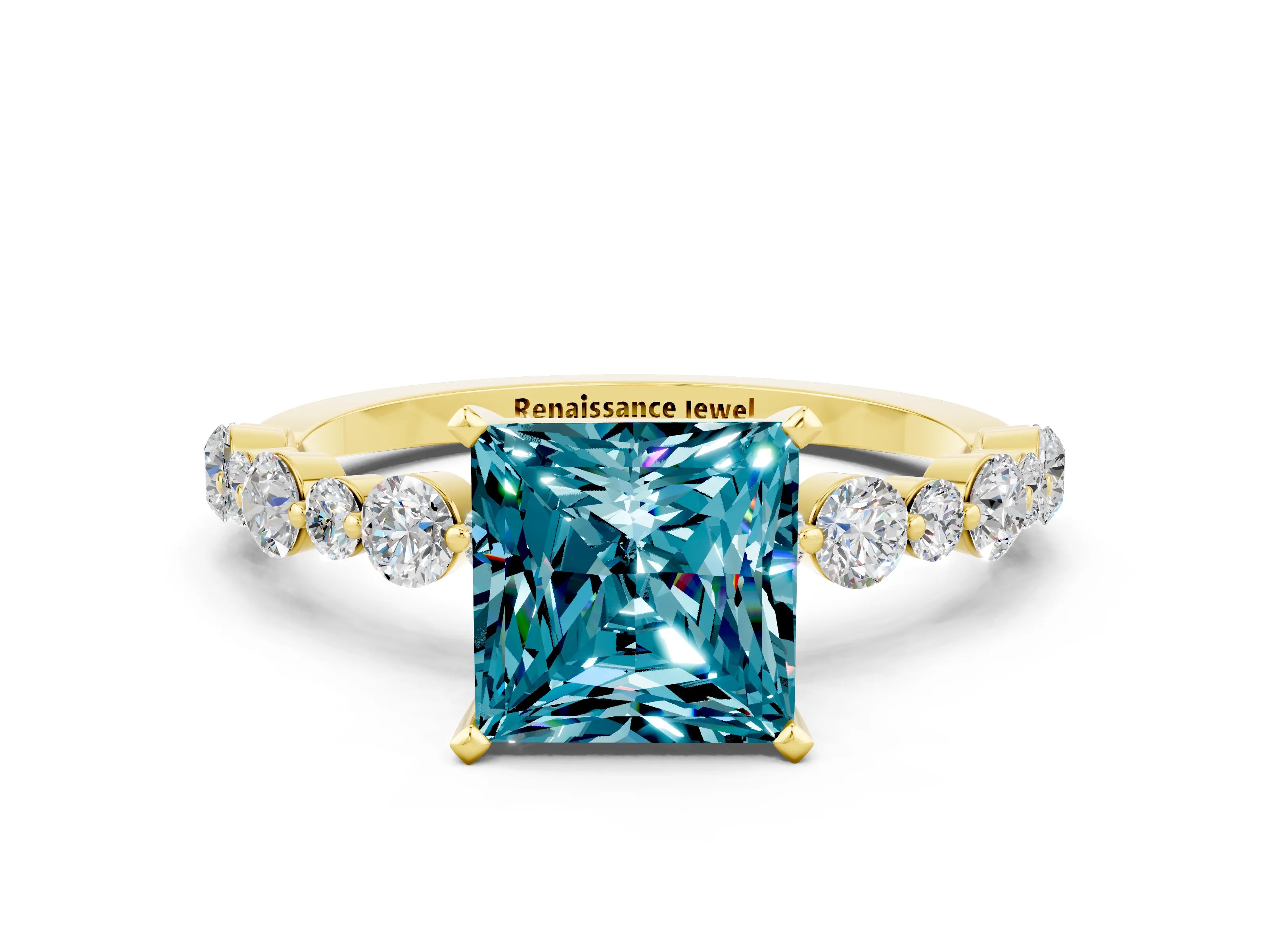 Yellow gold Princess Cut Blue Topaz Prong Set Engagement Ring with Pavé Band