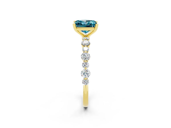 Yellow gold Princess Cut Blue Topaz Prong Set Engagement Ring with Pavé Band