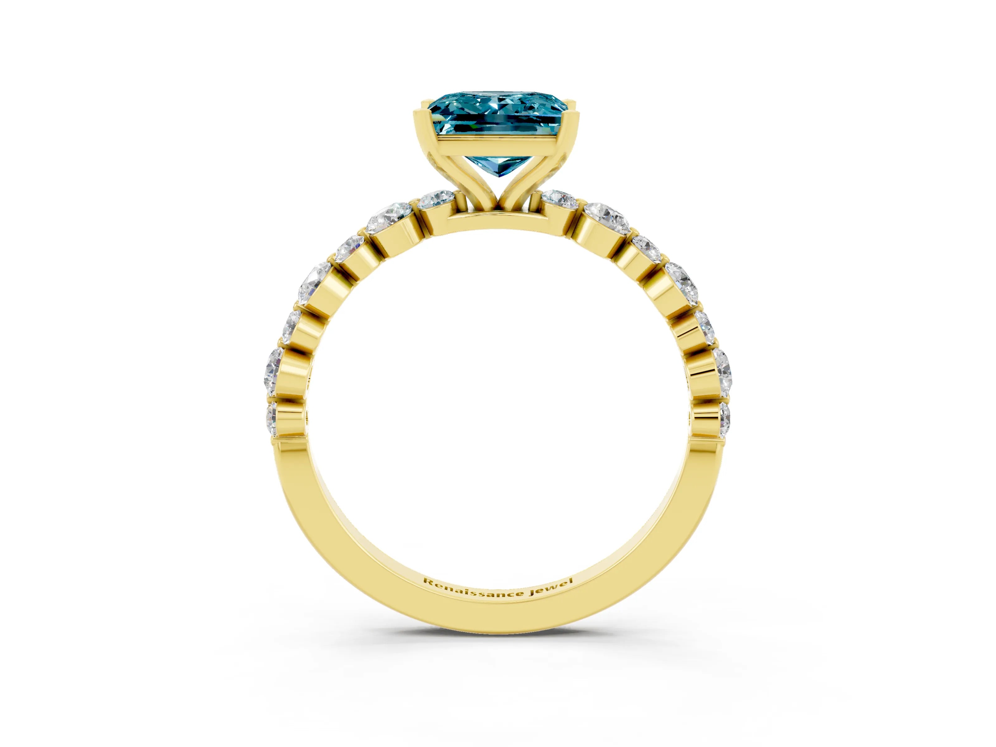 Yellow gold Princess Cut Blue Topaz Prong Set Engagement Ring with Pavé Band_3