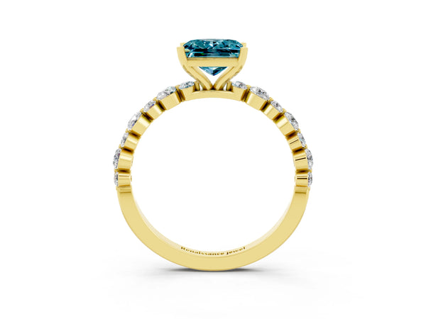 Yellow gold Princess Cut Blue Topaz Prong Set Engagement Ring with Pavé Band