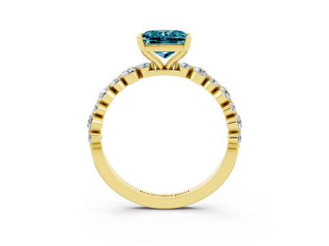 Yellow gold Princess Cut Blue Topaz Prong Set Engagement Ring with Pavé Band_3