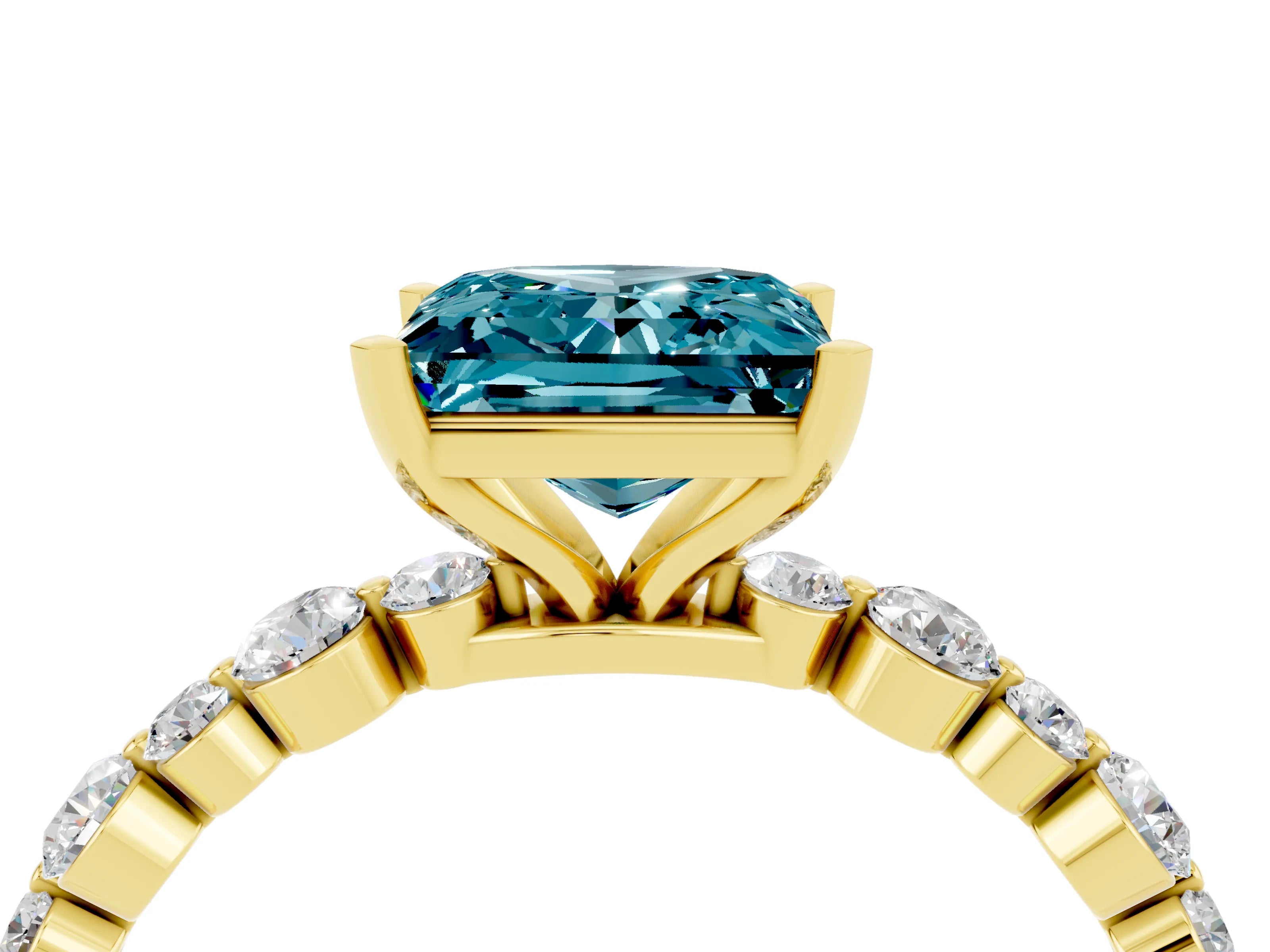Yellow gold Princess Cut Blue Topaz Prong Set Engagement Ring with Pavé Band_4