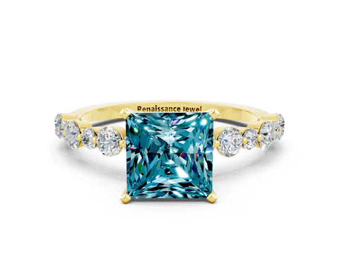 Yellow gold Princess Cut Blue Topaz Prong Set Engagement Ring with Pavé Band