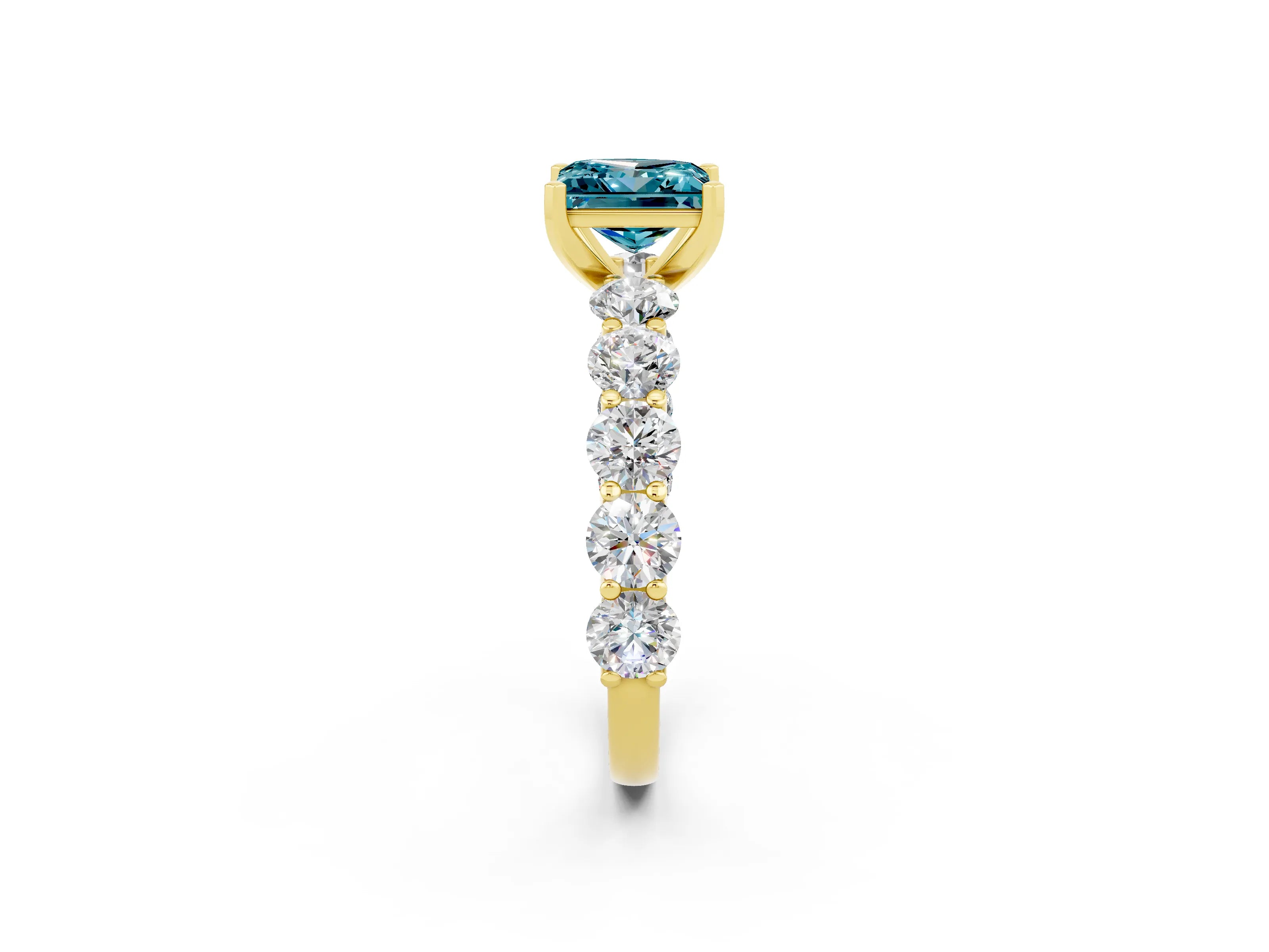 Yellow gold Princess Cut Blue Topaz Prong Setting with Side Stones on a Pave Band_2