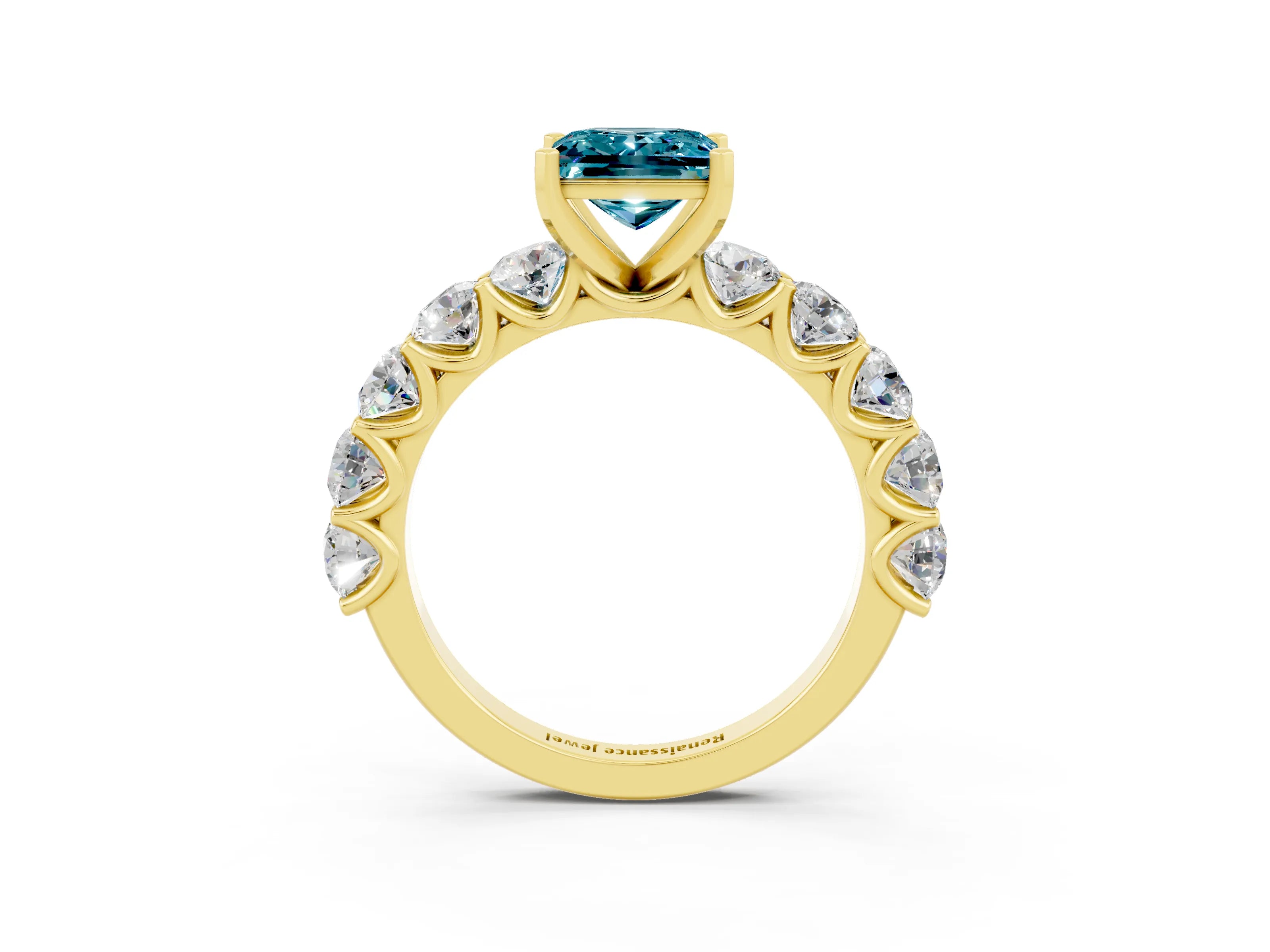 Yellow gold Princess Cut Blue Topaz Prong Setting with Side Stones on a Pave Band_3