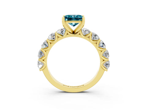 Yellow gold Princess Cut Blue Topaz Prong Setting with Side Stones on a Pave Band_3