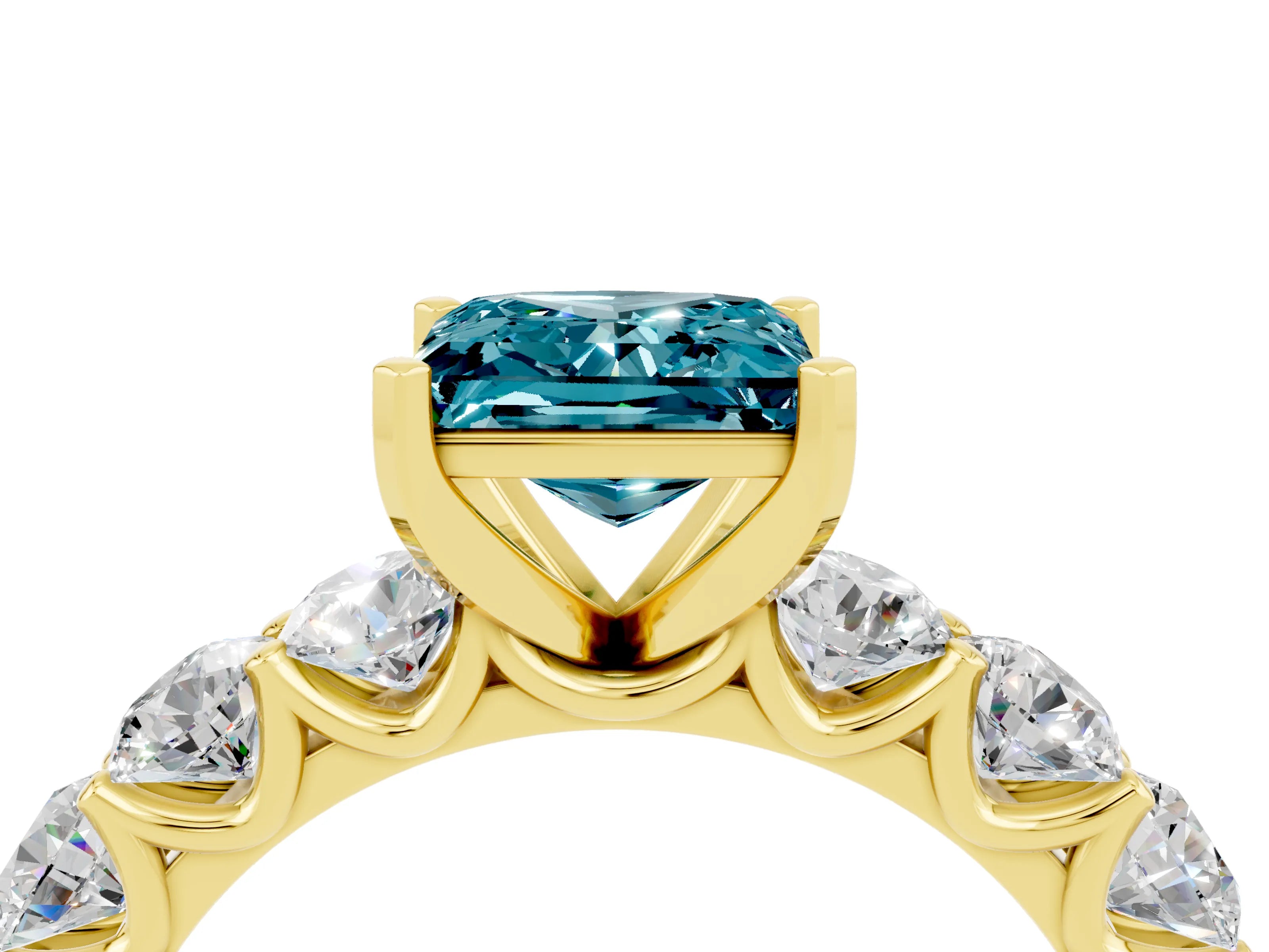 Yellow gold Princess Cut Blue Topaz Prong Setting with Side Stones on a Pave Band_4