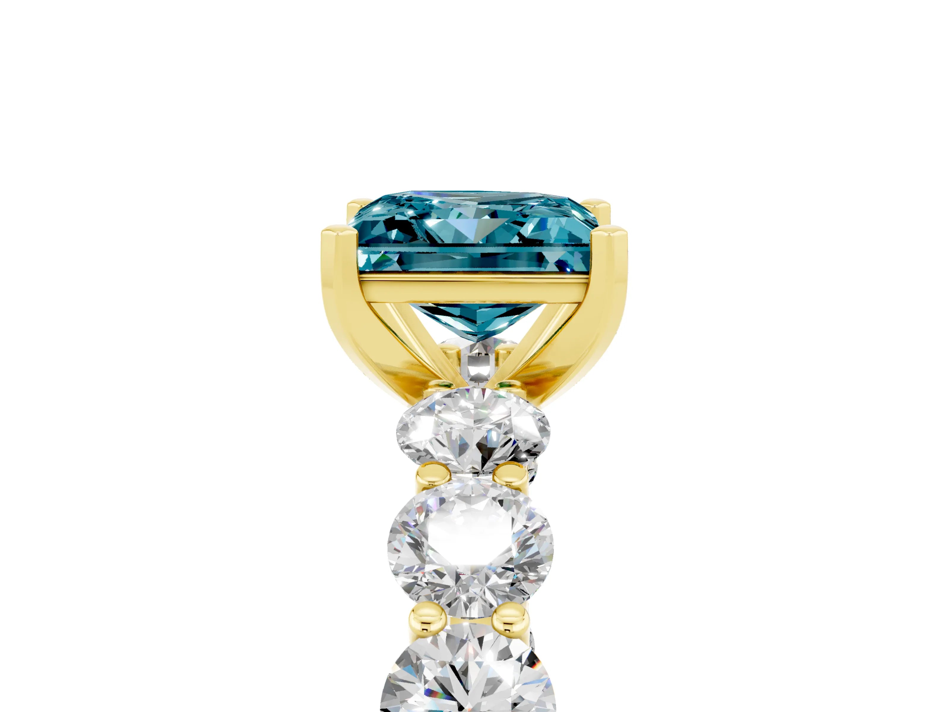 Yellow gold Princess Cut Blue Topaz Prong Setting with Side Stones on a Pave Band_5
