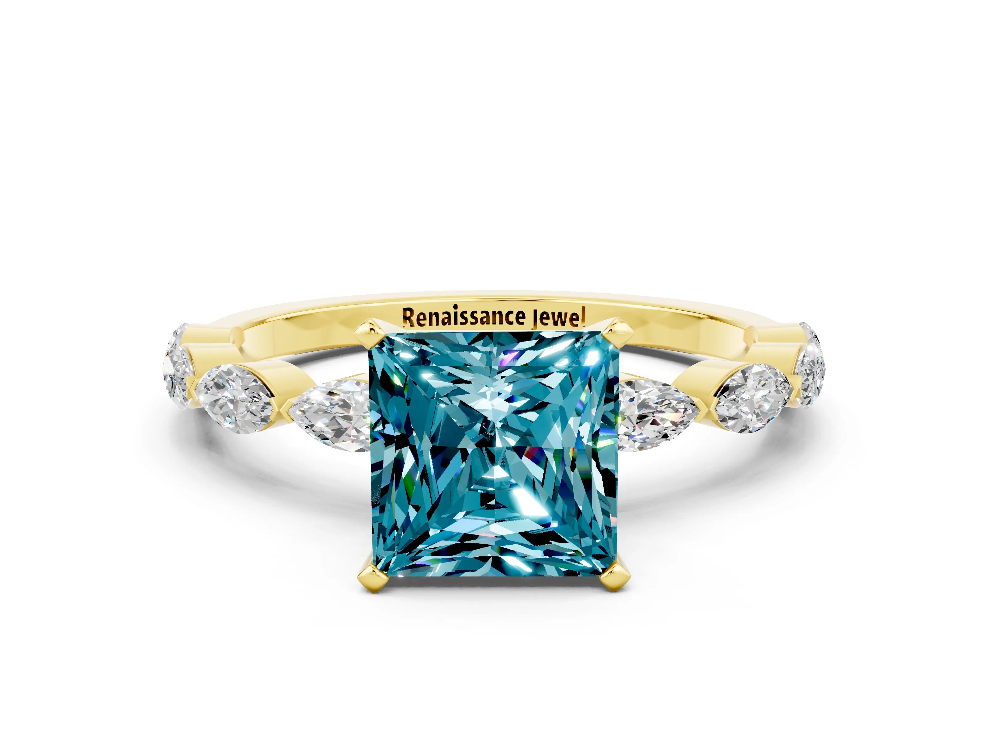 Yellow gold Princess Cut Blue Topaz Ring with Marquise Side Stones and Prong Setting