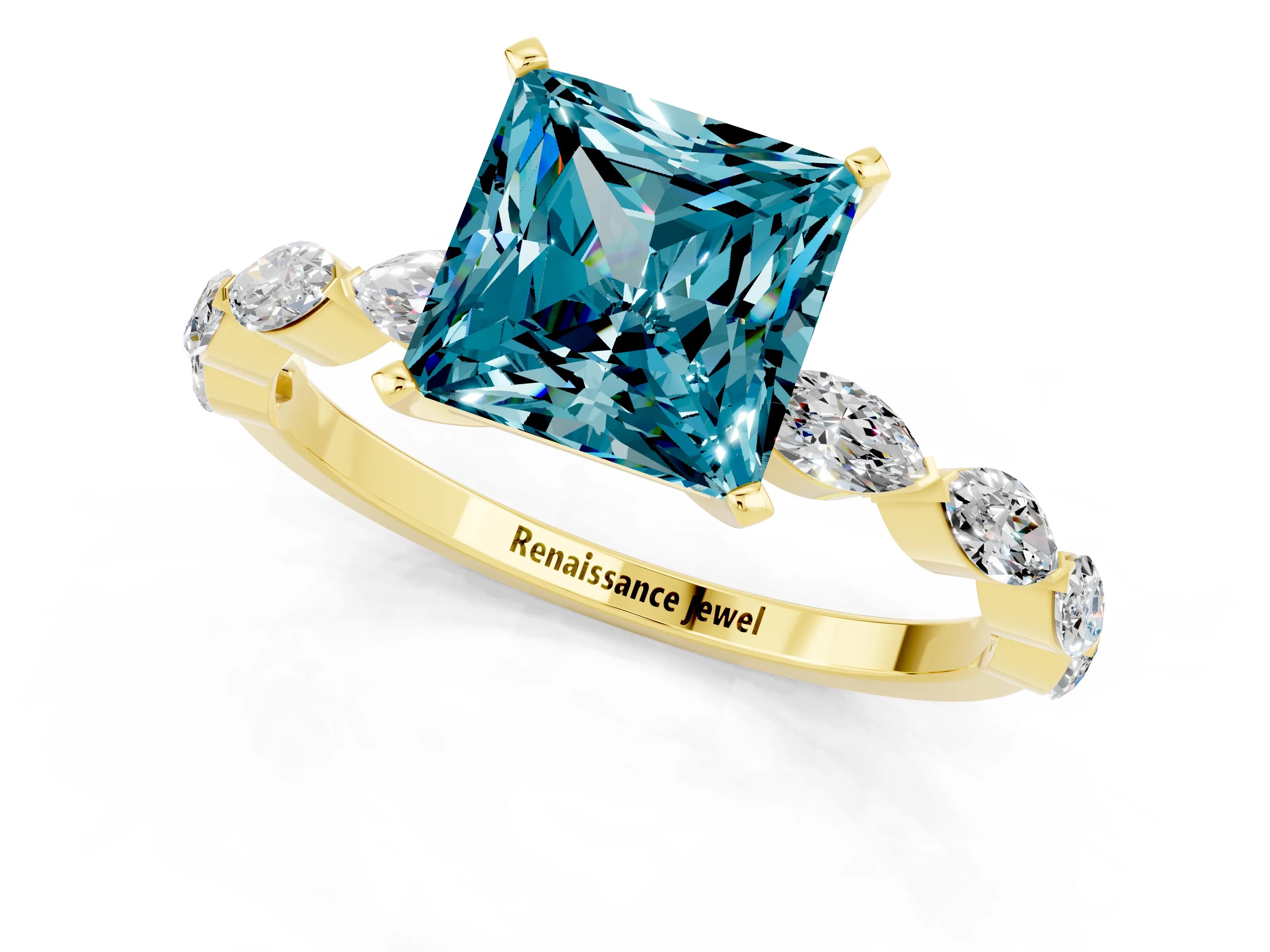 Yellow gold Princess Cut Blue Topaz Ring with Marquise Side Stones and Prong Setting_1