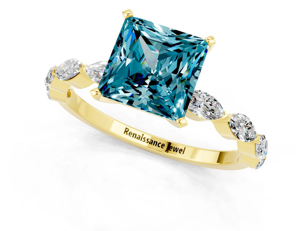 Yellow gold Princess Cut Blue Topaz Ring with Marquise Side Stones and Prong Setting