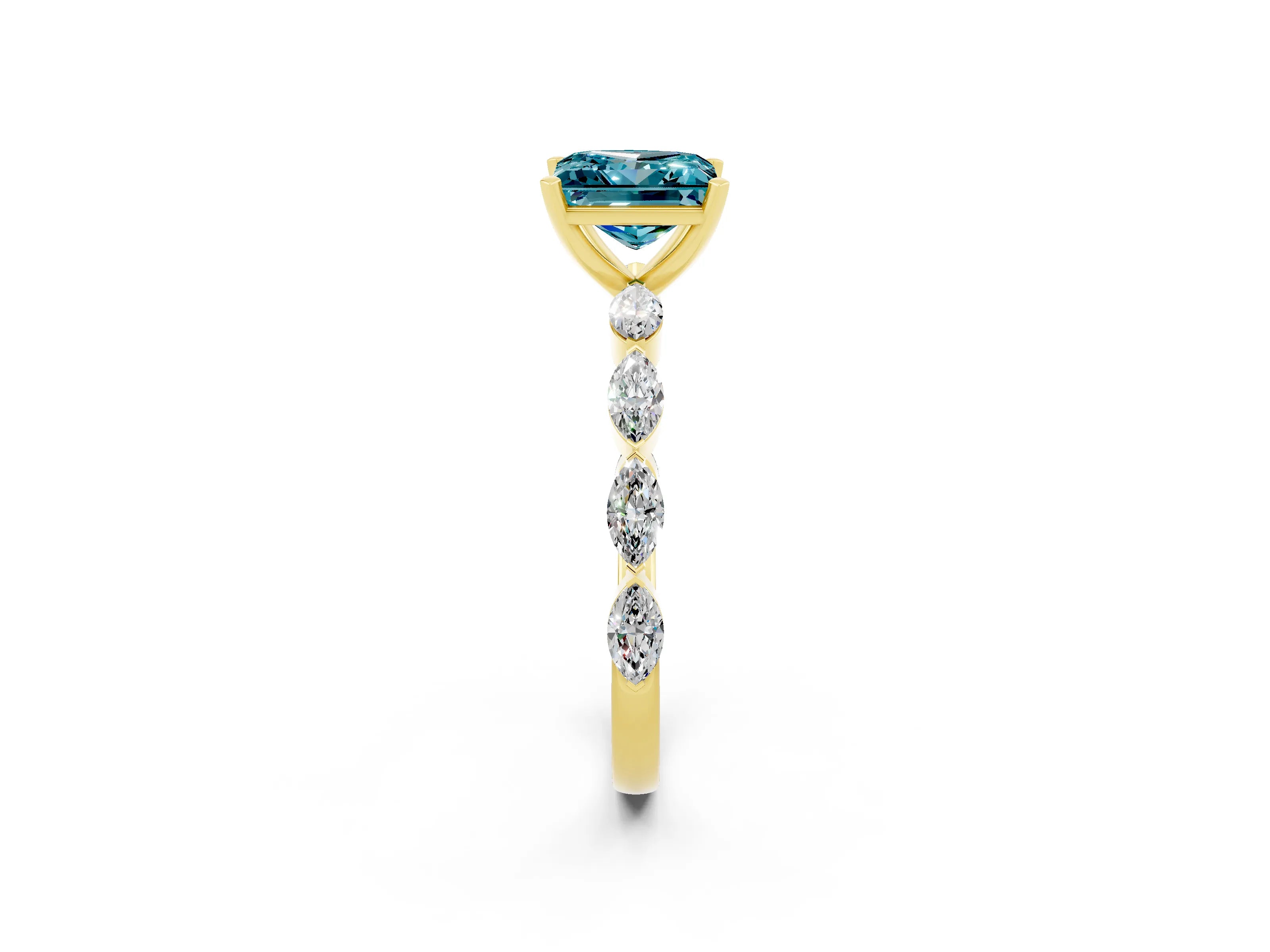 Yellow gold Princess Cut Blue Topaz Ring with Marquise Side Stones and Prong Setting_2