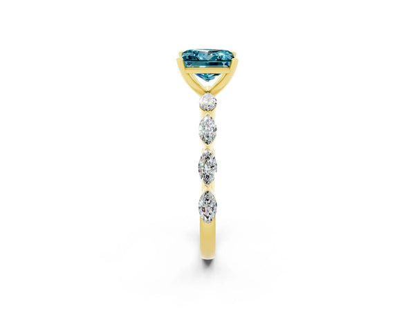 Yellow gold Princess Cut Blue Topaz Ring with Marquise Side Stones and Prong Setting