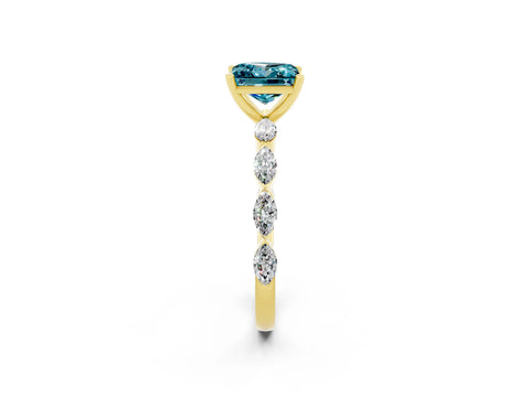 Yellow gold Princess Cut Blue Topaz Ring with Marquise Side Stones and Prong Setting_2