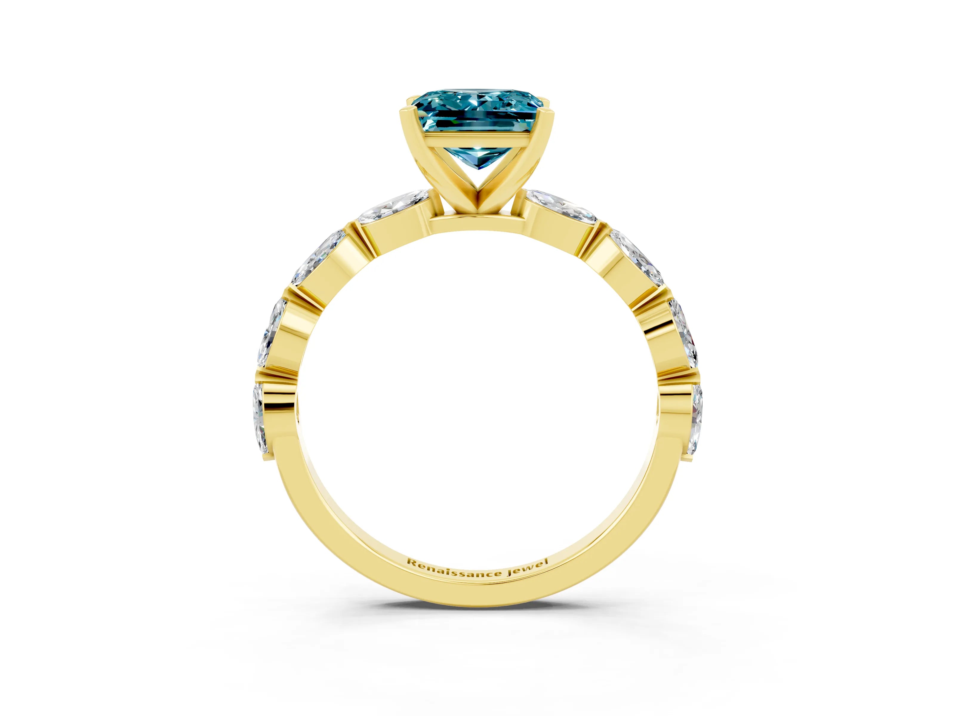 Yellow gold Princess Cut Blue Topaz Ring with Marquise Side Stones and Prong Setting_3